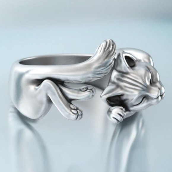 Sleeping Cat Silver tone Adjustable Ring - Picture 3 of 5